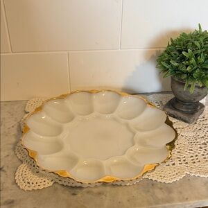 Vintage milk glass with Elegant Gold and White Serving Platter Egg Tray *callout